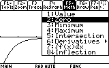 Graphing calculator screen showing a graph with a function plotted and the Math menu open, highlighting the “Zero” option to find x-intercepts.